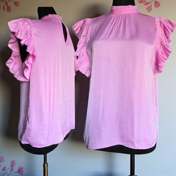 NWOT MAISON D'AMELIE (XS) Pink Satin Ruffle Sleeve Career/Casual Blouse - Picture 1 of 8